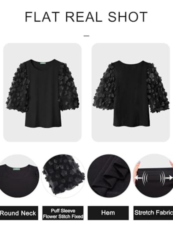 Cotton Blend 3/4 Puff Sleeve Crew Neck Blouse with Mesh Appliques - Picture 5 of 6